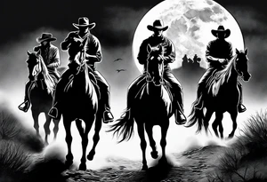 Four cowboys on horses in the moonlight on a dusty trail tattoo idea