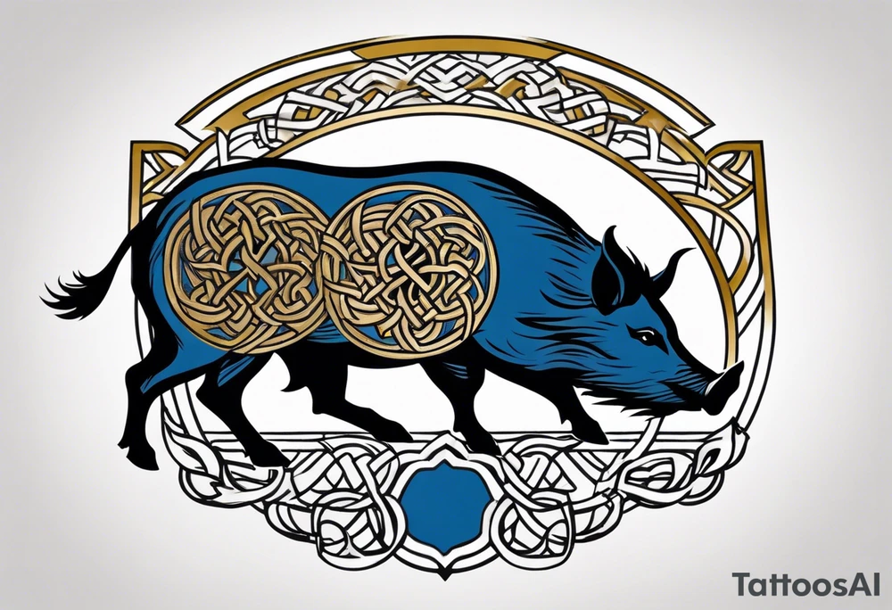Side profile, Celtic, tribal, wild boar, On a Chatwin family crest with blue background, two gold stars, and a gold Chevron, and a Thistle. With thick black tribal lines. tattoo idea