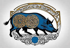 Side profile, Celtic, tribal, wild boar, On a Chatwin family crest with blue background, two gold stars, and a gold Chevron, and a Thistle. With thick black tribal lines. tattoo idea