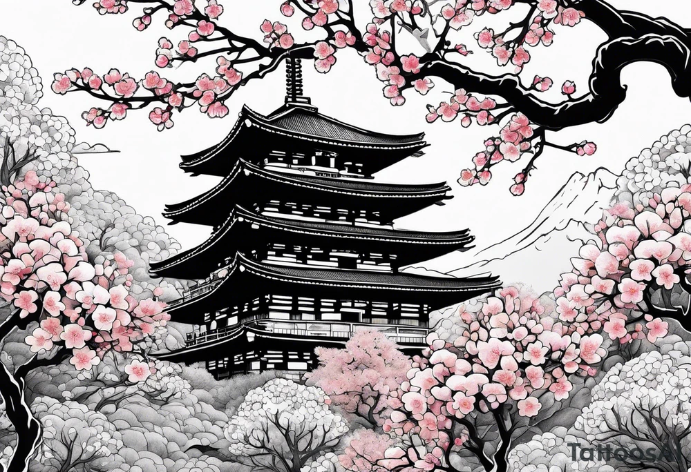Cherry blossom leaves surrounding a japanese temple tattoo idea Cherry blossom leaves surrounding a japanese temple tattoo idea