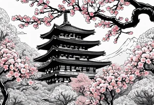 Cherry blossom leaves surrounding a japanese temple tattoo idea
