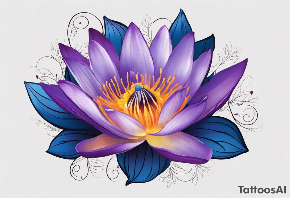 Design a vine of flowers tattoo Centerpiece: Blue and purple Water Lily: Place this at the center, its petals elegantly spread, symbolizing serenity. Place a blue butterfly resting on the waterlily Orange Marigold: Positioned to one side of and below the water lily, with vibrant petals, and a small bumblebee buzzing nearby. Purple Gladiolus: Tall and striking, place these on one side and above the water lily cascading slightly for a natural look. Purple Iris: Integrate these on the opposite side and above the water lily, their unique shape adding depth and contrast. Pink Rose: Position this slightly below the water lily with its delicate petals and gentle curves. Interweave around the water lily, Marigold and rose christmas holy vine with dark green leaves and red berries Vine and Leaves: Use flowing vines that interweave between the flowers, creating a cohesive look. Add leaves that vary in size and shape for a naturalistic tattoo idea