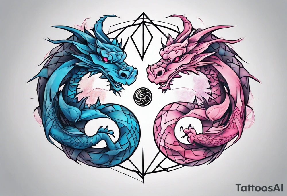 ying yang two dragon stones blue & pink tattoo idea