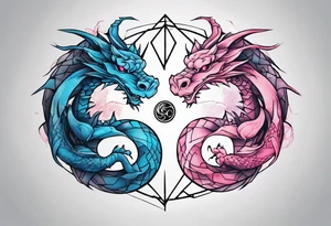 ying yang two dragon stones blue & pink tattoo idea