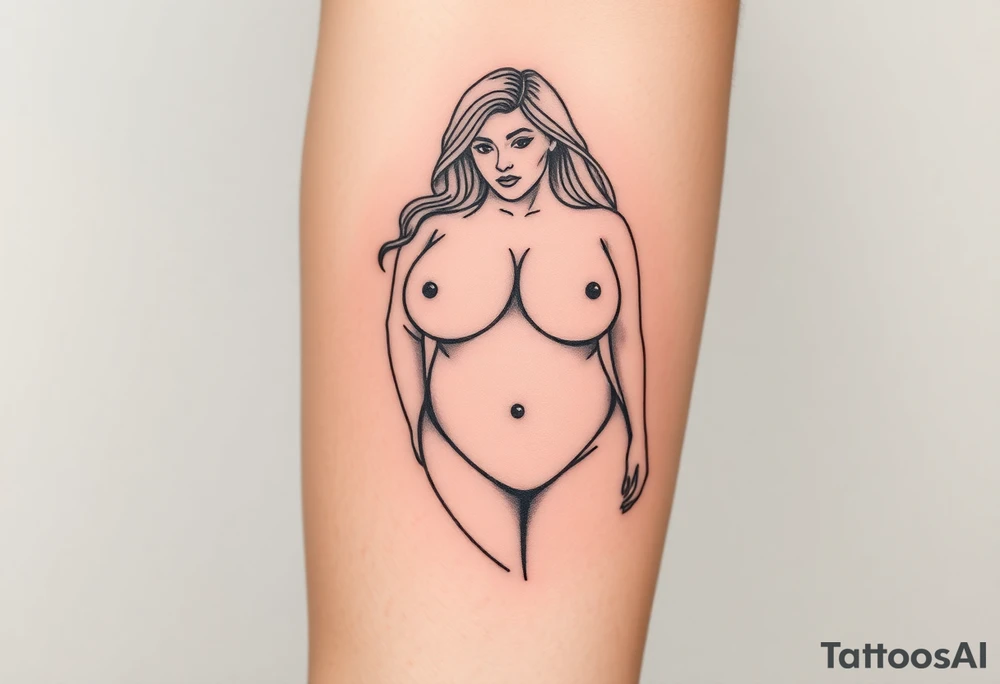 Fine line chubby naked woman with saggy breasts tattoo idea