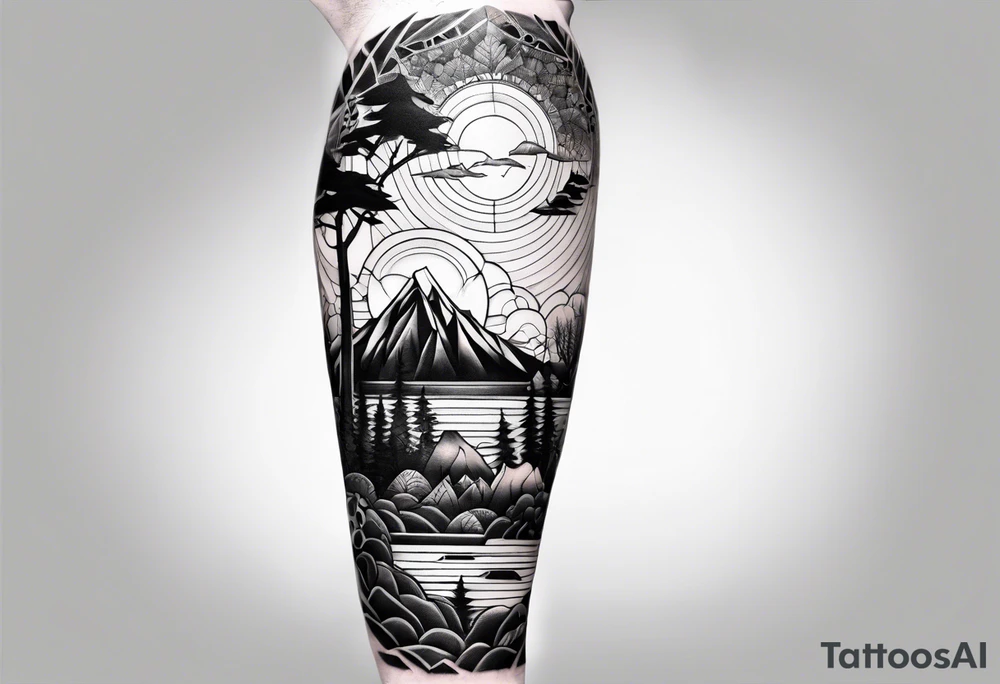 Mountain ocean forest full leg sleeve mosaic tattoo idea