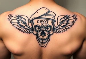 Create me military tattoo with skull, beret on skull and word that say GWOT kid with wings tattoo idea