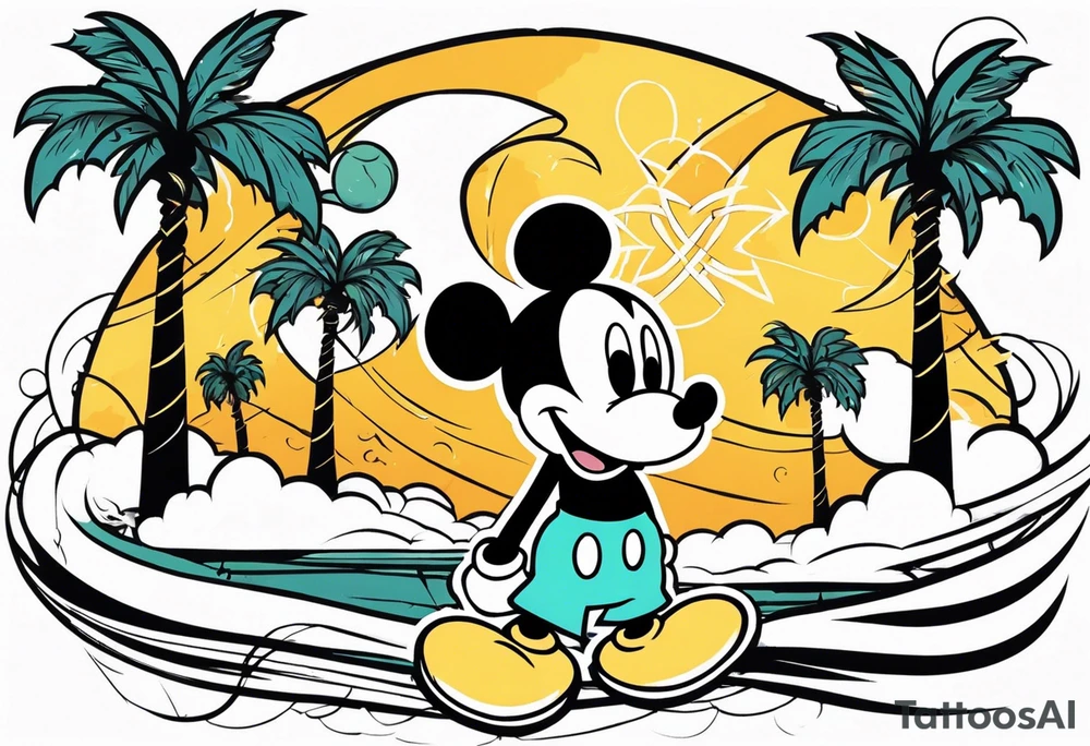 mickey mouse in a lightning storm with palm trees and the celtic symbol for family tattoo idea