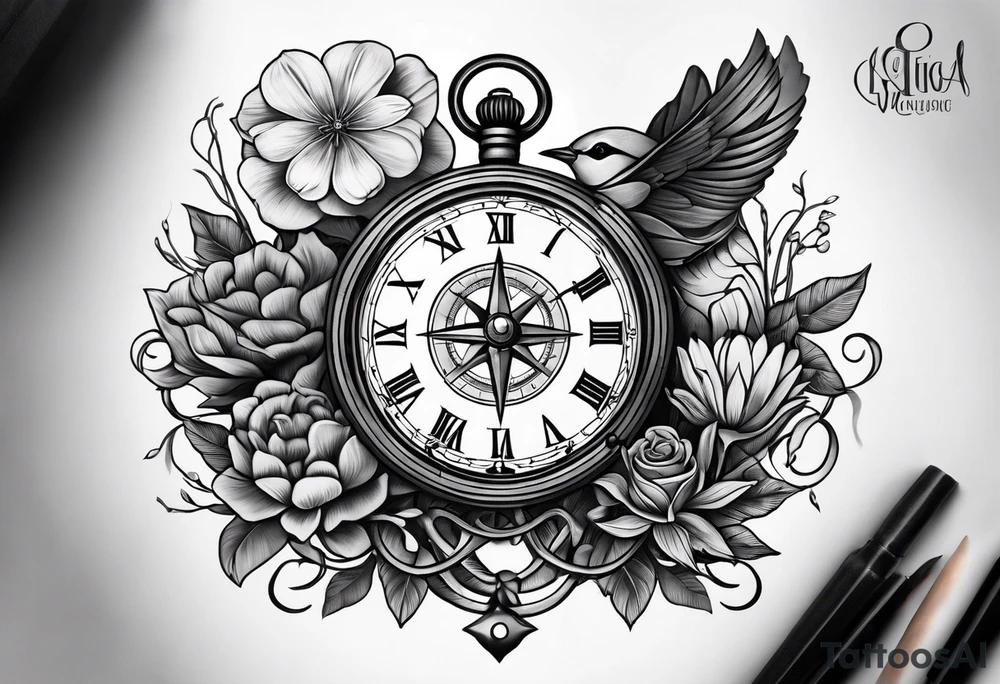 black and grey composition of three elements, 1), combination old school pocket watch and nautical compass, 2) a tree of life and 3) a doctor bird, connected together by lignum vitae flowers, on the arm 3/4 sleeve tattoo idea