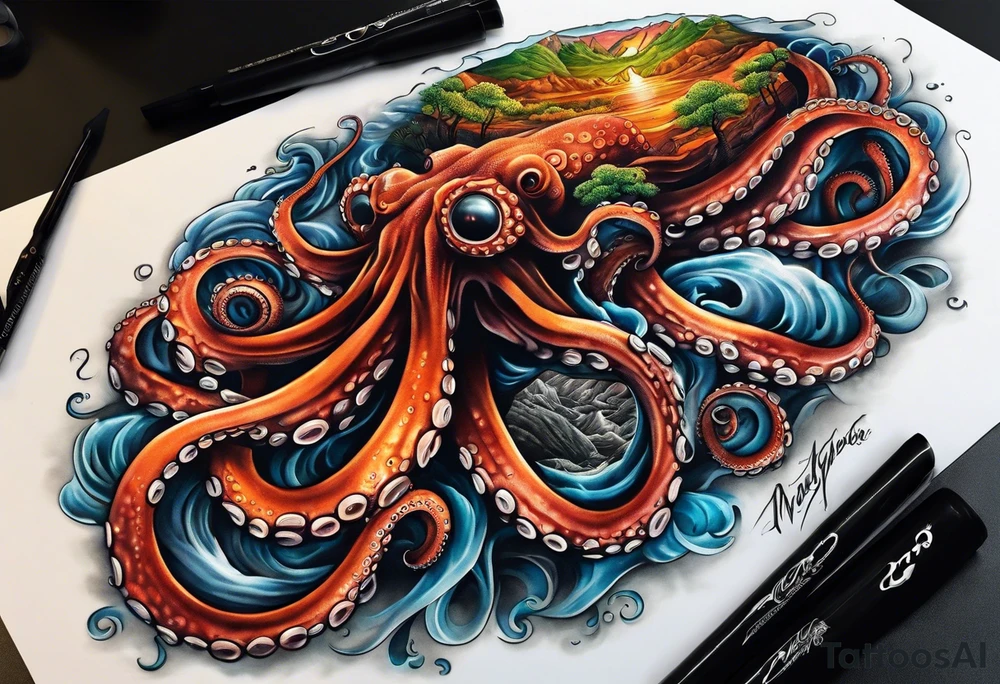 Octopus volcano bridge tattoo idea