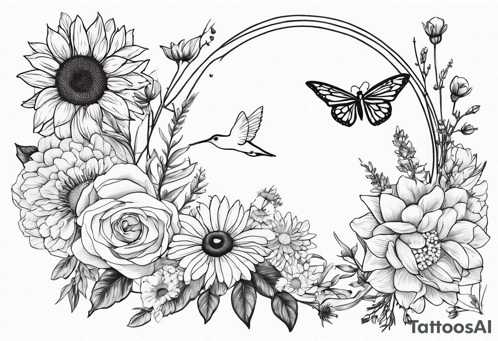 Floral sleeve tattoo with sunflower, daisies, roses, bleeding heart flowers, asters, baby’s breath, humming birds, spiders, butterflies, bees, and greenery. tattoo idea