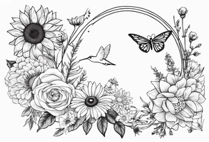 Floral sleeve tattoo with sunflower, daisies, roses, bleeding heart flowers, asters, baby’s breath, humming birds, spiders, butterflies, bees, and greenery. tattoo idea