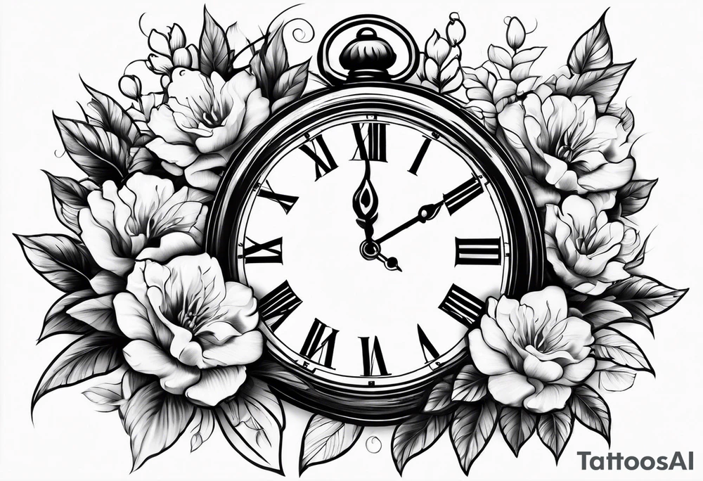 Flowers and clock tattoo idea