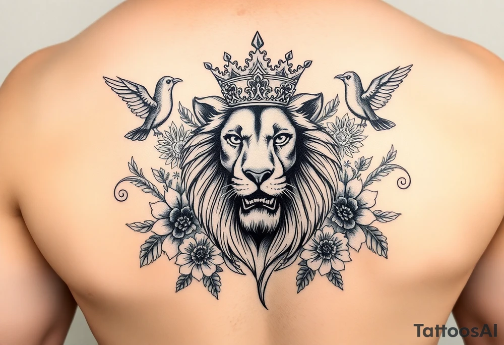 powerful majestic lion with a crown, surrounded by floral ornaments and birds tattoo idea