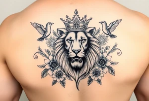 powerful majestic lion with a crown, surrounded by floral ornaments and birds tattoo idea