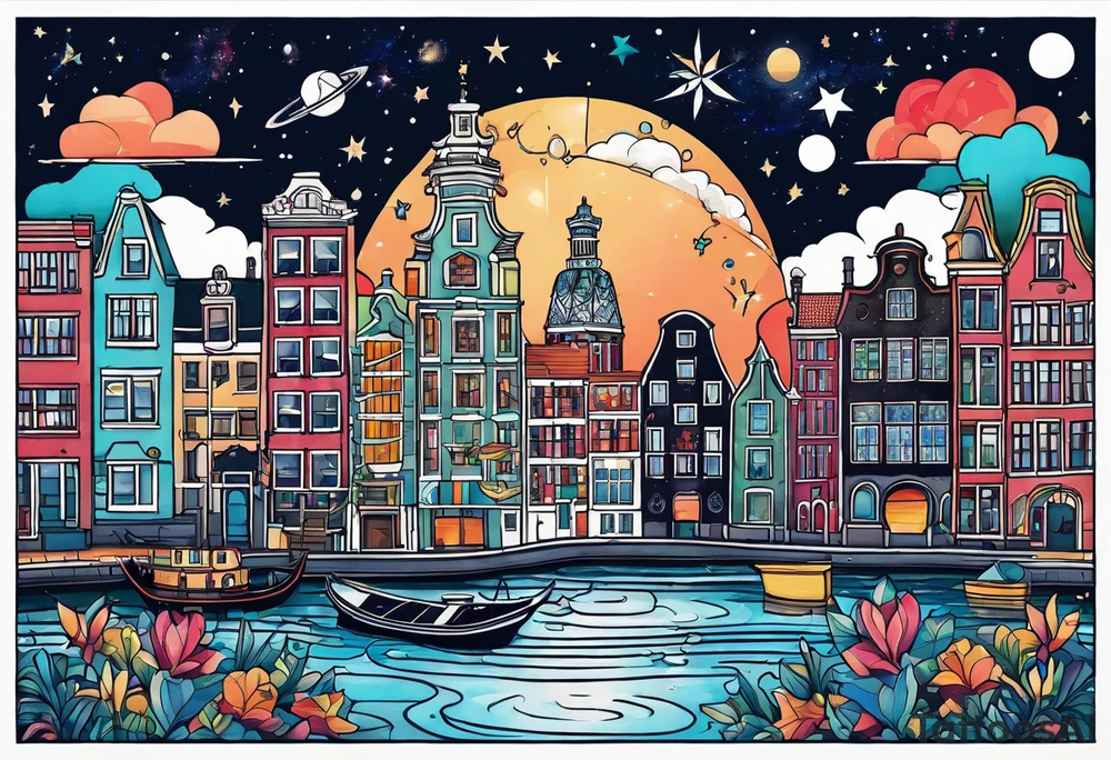 Tattoo of water in space featuring animals featuring Amsterdam buildings and canal in galaxy colours featuring animals and pineapples tattoo idea