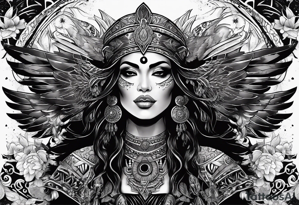 black kali, goddess pirate, pachamama, valkrye, warrior, skull, lotus azul, wing, eagle, zenza resonance, stars, one side chest tattoo idea