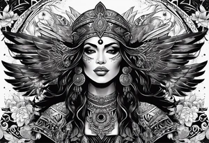 black kali, goddess pirate, pachamama, valkrye, warrior, skull, lotus azul, wing, eagle, zenza resonance, stars, one side chest tattoo idea