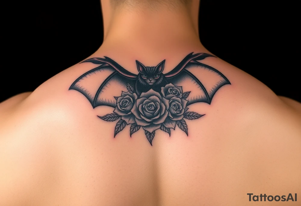 bat with / rose flowers tattoo idea