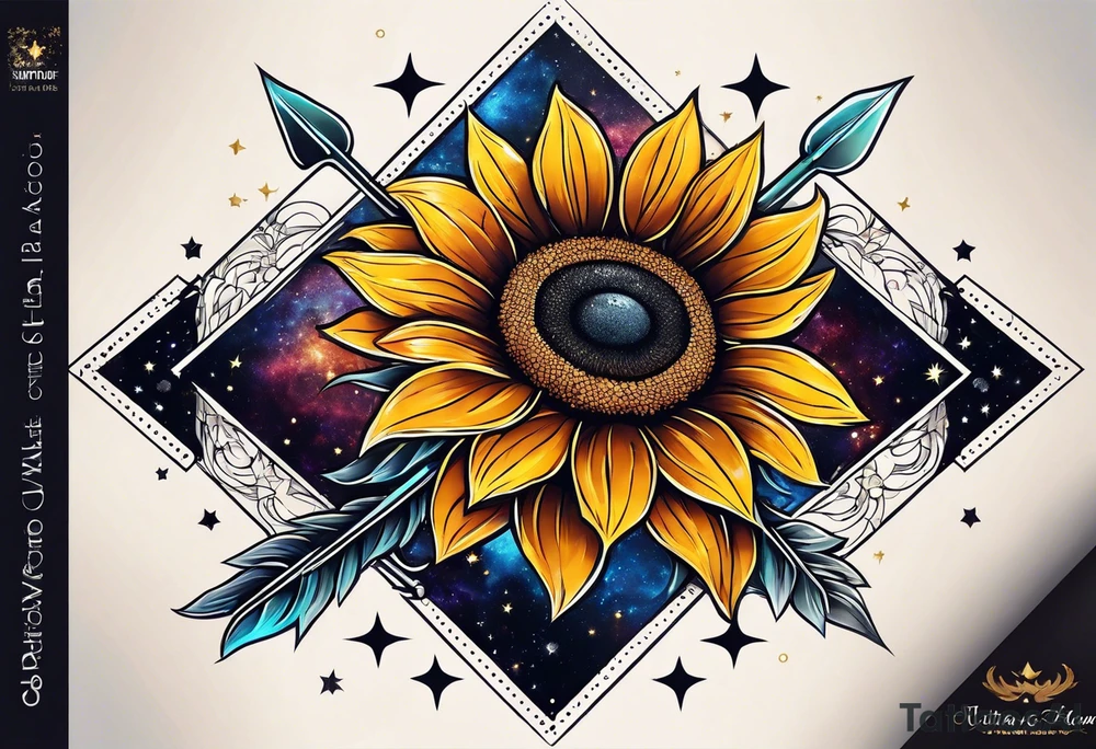 elegant tattoo with a small sunflower surrounded by cosmic stars and arrow tattoo idea