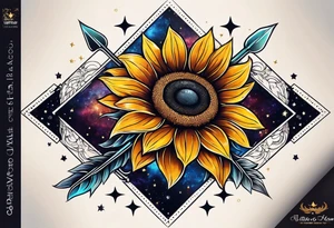 elegant tattoo with a small sunflower surrounded by cosmic stars and arrow tattoo idea