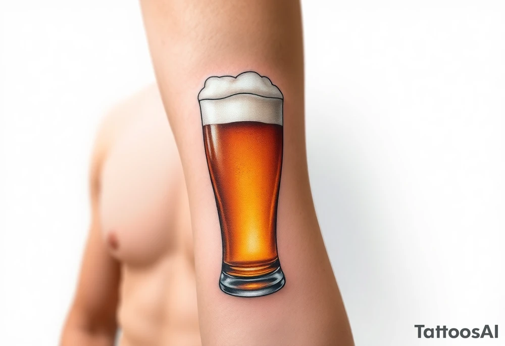 A tall, ice-cold pilsner glass with a thick white foam head, illuminated by warm amber and honey hues tattoo idea