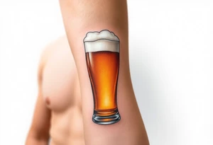 A tall, ice-cold pilsner glass with a thick white foam head, illuminated by warm amber and honey hues tattoo idea