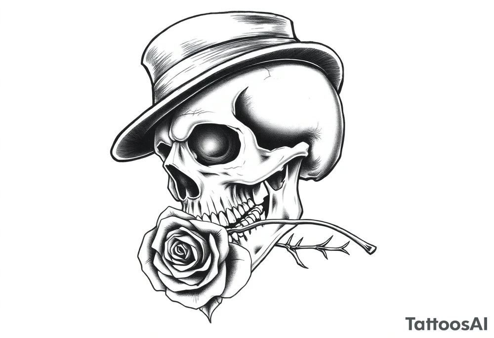 a skull with top-hat and a rose in his mouth. tattoo idea