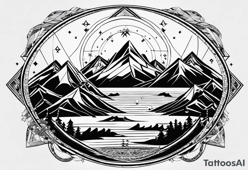 Mountain Massif, one Peak, only peak surrounded woth semi circle dashed Line, in semi circle two littel fine Stars, waves overlapping in Side, Open geometrical Forms Like Diamond with Open lines tattoo idea