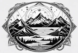 Mountain Massif, one Peak, only peak surrounded woth semi circle dashed Line, in semi circle two littel fine Stars, waves overlapping in Side, Open geometrical Forms Like Diamond with Open lines tattoo idea