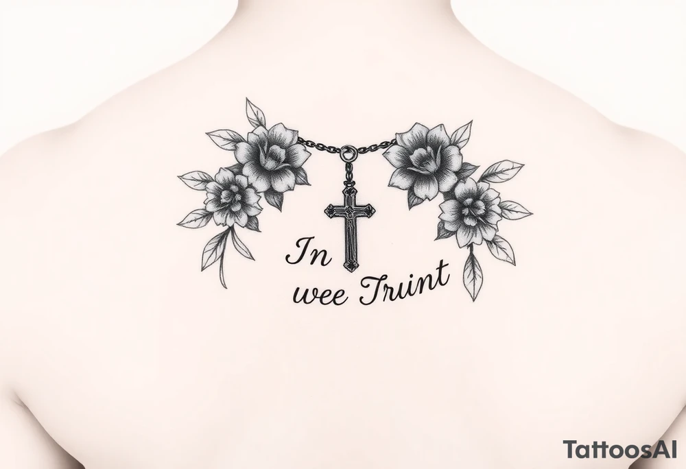 Necklace Rosary with flowers around the words of "In God We Trust " tattoo idea