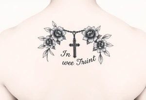 Necklace Rosary with flowers around the words of "In God We Trust " tattoo idea