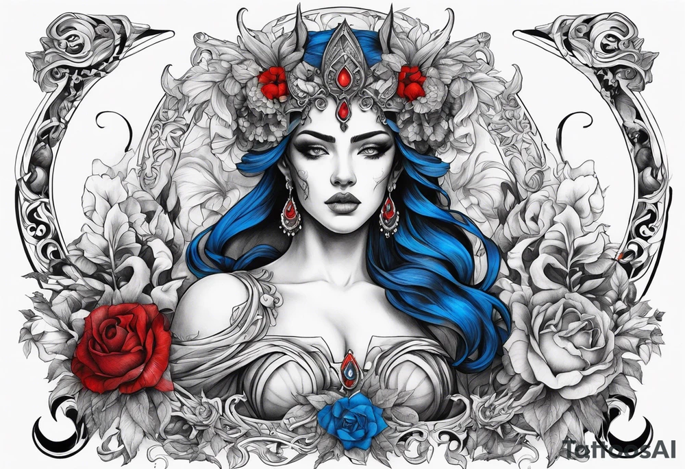 Hades with blue and red
shadowns and persephone symbols tattoo idea