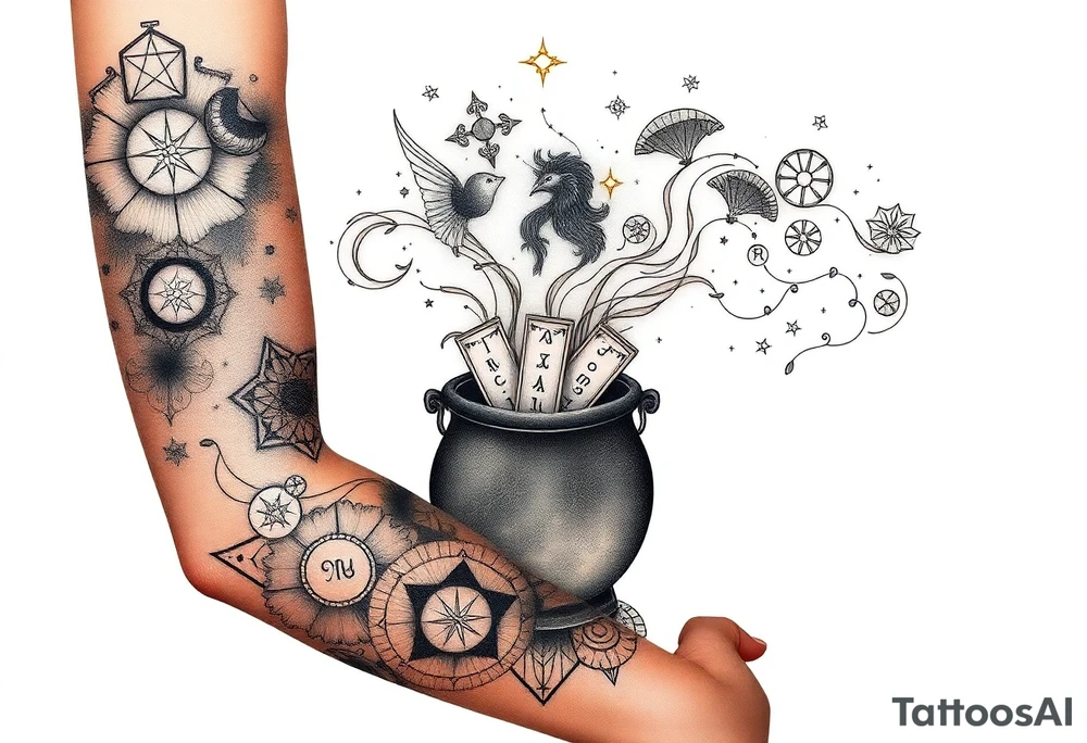 Milky way filled with zodiac symbols runes tarot cards coming out of a cauldron tattoo idea