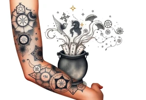 Milky way filled with zodiac symbols runes tarot cards coming out of a cauldron tattoo idea