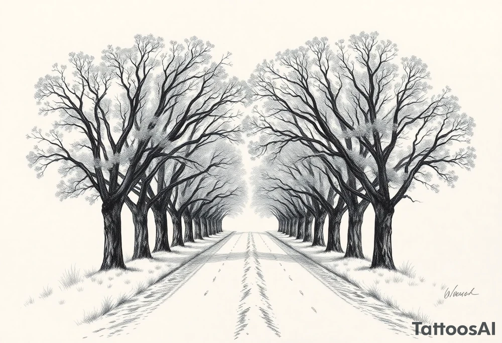 Tree-lined dirt road. Road is rough, little shoulder. Deciduous trees arch across it, meeting in the middle. 

Road should be rougher, more rural. Branches start lower. The trees in the foreground should be bigger — perspective has road getting smaller. 

Make the trees leafier. Branches begin lower on the trunk. 

Much leafier trees. Summer. Can’t see much behind the trees 

Make the trees oak tattoo idea