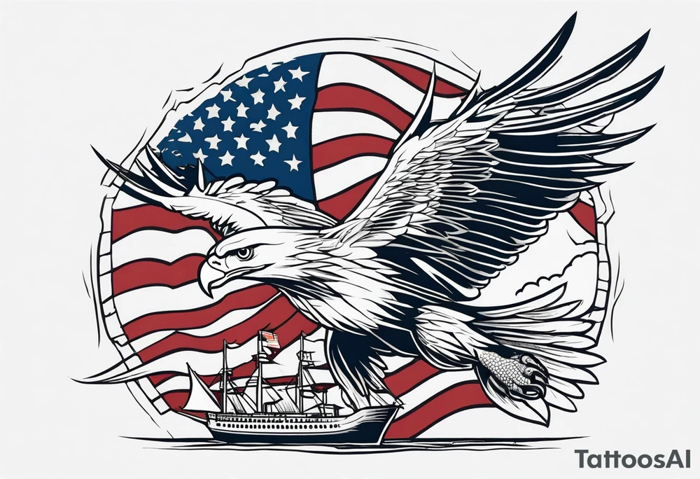 eagle flying in front of ship holding American flag in beak tattoo idea