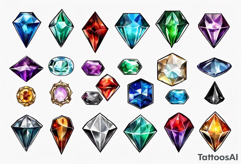 7 chaos emeralds in different colors with a slight sonic theme to it tattoo idea