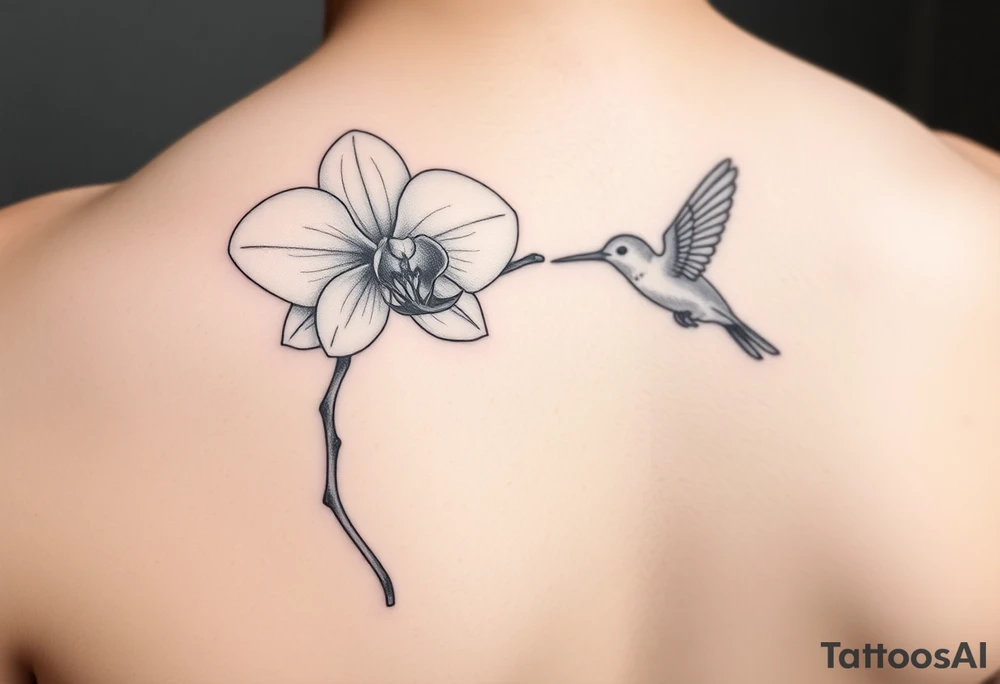 A delicate, black and white fine-line tattoo for make, featuring a gracefully detailed orchid in full bloom (stem and at least 2 flowers), with soft, intricate petals and elegant curves. Beside it, a hummingbird hovers mid-flight, its wings drawn with subtle motion lines, its slender beak reaching toward the orchid’s center to drink its nectar. The design captures a sense of balance and harmony, with the contrast between the stillness of the flower and the gentle energy of the bird. Perfectly suited for the upper arm, this piece combines nature’s beauty and movement in a timeless style tattoo idea