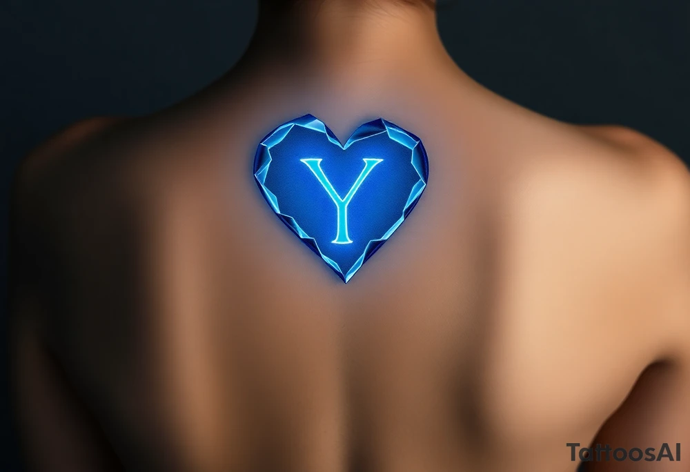 A shattered glass heart with the letter "Y" glowing in neon blue, symbolizing love’s fragility and strength. tattoo idea