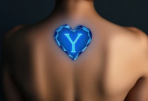 A shattered glass heart with the letter "Y" glowing in neon blue, symbolizing love’s fragility and strength. tattoo idea