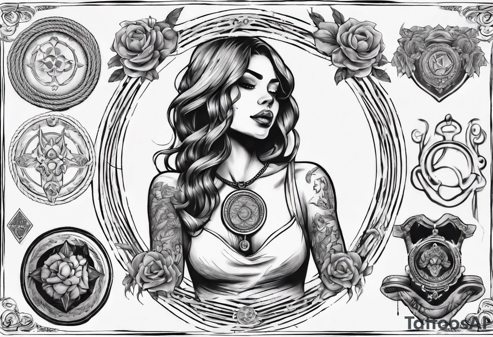 woman arm holding medallion with rope tattoo idea