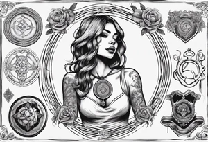 woman arm holding medallion with rope tattoo idea