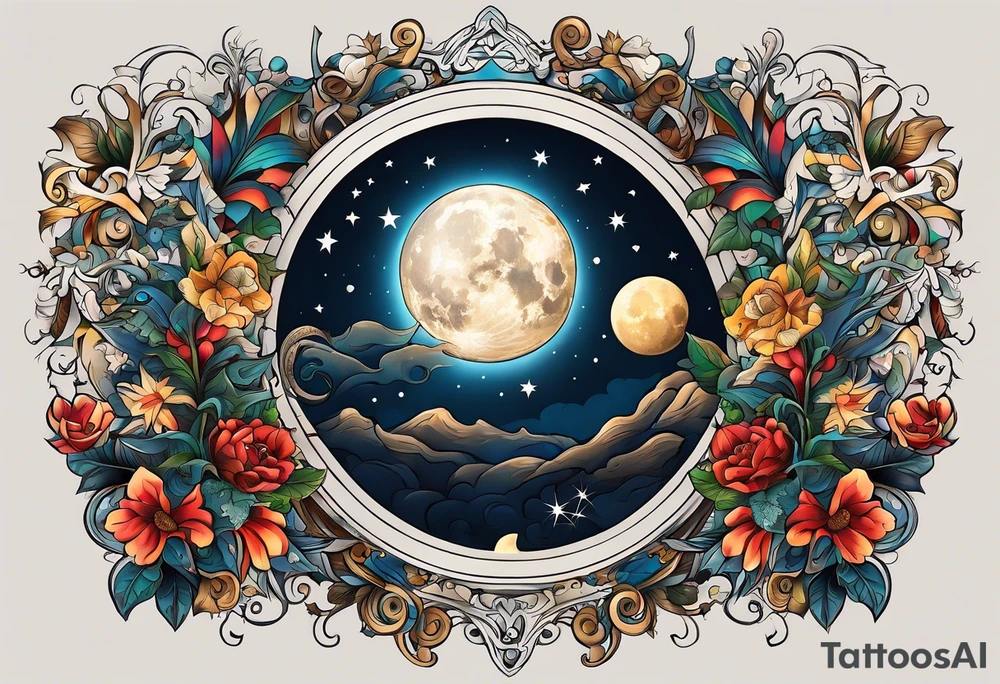A tattoo design inspired by southern Italian folklore tales, incorporating mystical creatures and celestial objects such as moons and stars, reflecting the client's love for folklore and celestial objects. tattoo idea