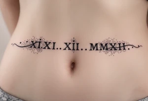 Elegant XXI.XI.MMXII in dark gray ink across the ribs, styled with subtle shadowing for a stone-carved effect. tattoo idea