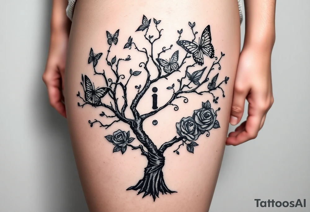 poisoned tree with butterflies and roses and a big semicolon in the middle black girl tattoo idea