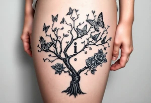 poisoned tree with butterflies and roses and a big semicolon in the middle black girl tattoo idea
