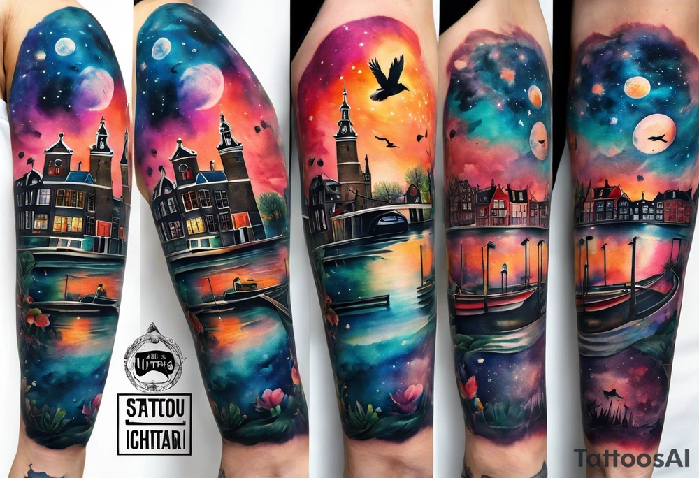 Arm tattoo featuring wildlife and birds in canal in Amsterdam in space featuring galaxy colours and watercolour tattoo idea