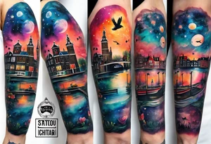 Arm tattoo featuring wildlife and birds in canal in Amsterdam in space featuring galaxy colours and watercolour tattoo idea