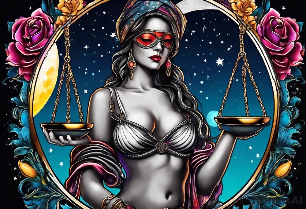Beautiful woman blindfolded holding the libra scales, in the background is the libra constellation with a halfmoon surrounding half of the woman. The scales hang from the bottom of the half moon. Vibrant colors intensify the picture tattoo idea